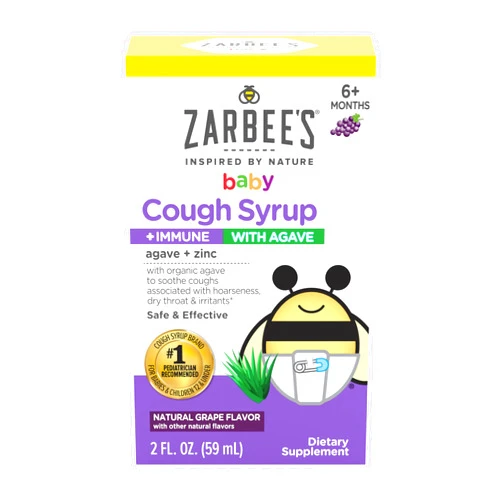 Zarbee's Baby Cough Syrup + Immune with Organic Agave + Zinc; Natural Grape Flavor; for Babies 6+ Months, 2 Fl Oz(Pack of 1)