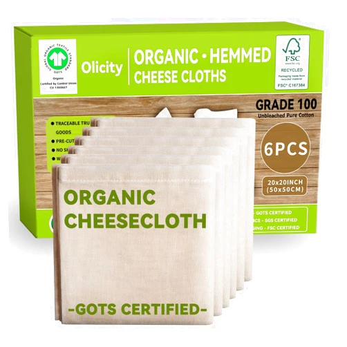 Olicity Organic Cheese Cloths, GOTS Certified, 6PCS, Grade 100, 20x20Inch Hemmed Cheese Cloth Fabric Reusable Fine Mesh Cloth, 100% Cotton Unbleached Muslin Cheesecloth for Straining, Cooking, Yogurt, Juicing