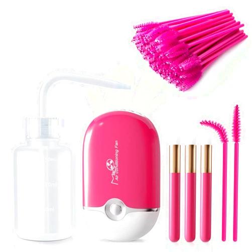 Mlogiroa Lash Eyelash Fan Kit for Lash Extension Mini Portable Fans with 50 Lash Shampoo Brush 3 Nose Blackhead Facial Cleaning Brush 1 Plastic Wash Bottle (ROSE)
