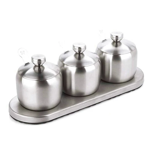 LOYUYU SUS304 Stainless Steel Seasoning Box, Seasoning Rack Spice Pots, Storage Container Condiment Jars, Cruet with Cover and Spoon 304 Silver
