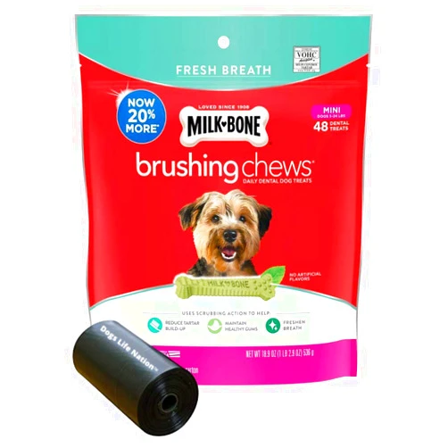 3G Enterprises, LLC. 48 Mini Milk-Bone Fresh Breath Brushing Chews Daily Dental Dog Treats and Dogs Life Nation Waste Bag Bundle