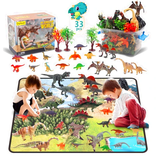 DigHealth 33 Pcs Dinosaur Toy Playset with Activity Play Mat, Realistic Dinosaur Figures, Trees, Rockery to Create a Dino World Including T-Rex, Triceratops, Pterosauria for Kids, Boys & Girls