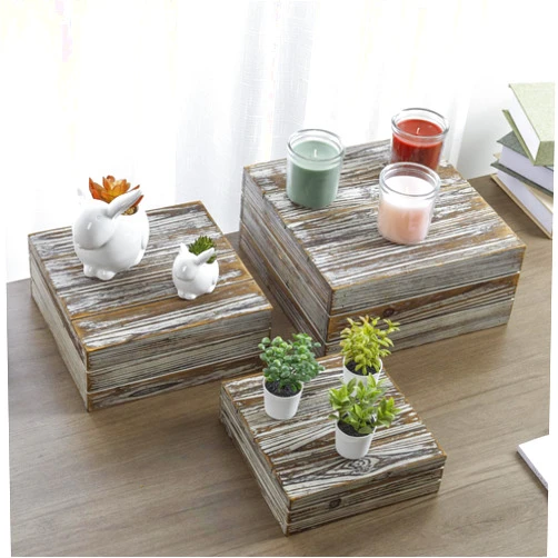MyGift 3 Piece Rustic Solid Torched Wood Dessert Cake and Cupcake Stand, Decorative Box Display Risers