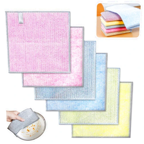 LorSou 6 Pcs Multipurpose Wire Dishwashing Rags, 2024 New Multifunctional Anti-Scratch Wet and Dry Double-Layer Steel Wire Dishcloth, Reusable, Easy to Rinse, Suitable for Kitchen, Tableware, Stove