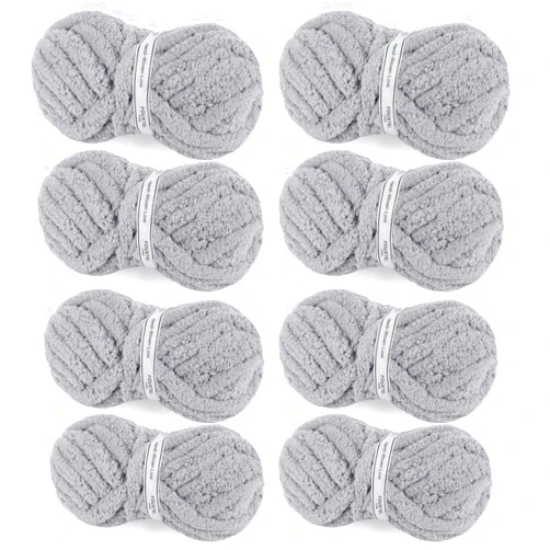 FOUXTEL 8 Jumbo Packs Chunky Chenille Yarn for Crocheting, 31.7 yds, 8 oz Each Skein Bulky Thick Fluffy Yarn for Knitting, Super Bulky Chunky Yarn for Hand Knitting Blanket, Soft Plush Yarn - Light Grey