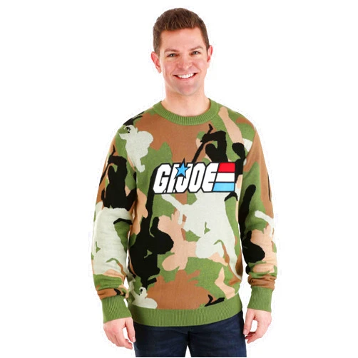 FUN.COM Adult G.I. Joe Ugly Christmas Sweater, Army Camouflaged Sweaters for Men, GI Joe American Hero Shirt
