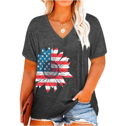 MOUSYA Plus Size Women American Flag Shirt 4th of July Patriotic V Neck T Shirts American Flag Sunflower Graphic Tee Tops
