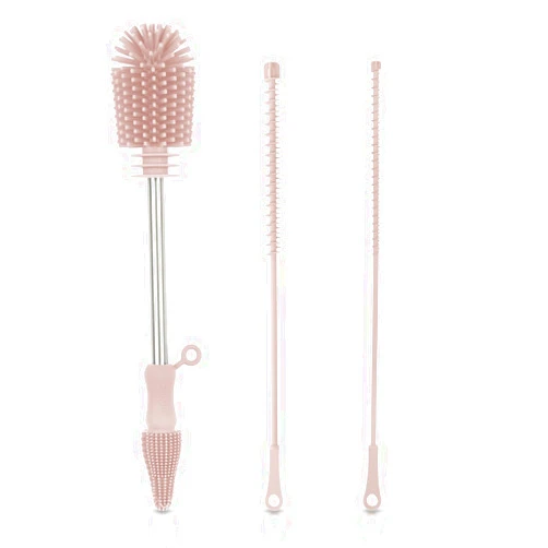 Haakaa Silicone Cleaning Brush Kit - Baby Bottle Brush Cleaner for Breast Pump,Nipple,Breast Milk Storage Bag,Reusable Straw,Sippy Cup - Food Grade Silicone Bristles, Portable - 3 Pcs - Pink