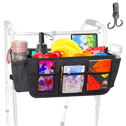 Shouken Upgrade Walker Basket Walker Bag Water Cup Holder,Foldable Walker Storage Bag Big Capacity,Side Walker Bag,Bag For Walker,Walker Side Access Bag Organizer Pouch Tote