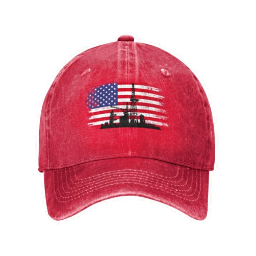Doukabft Baseball Cap American Flag Oilfield Oil Drilling Gas Rig Worke Washed Denim Adjustable Fashion Unique Hat for Men Women