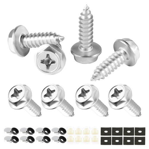 LivTee Rustproof License Plate Screws for Securing License Plates Frames and Covers on Cars and Trucks, 8 Set Premium Stainless Steel Self Tapping Mounting Bolts, Silver