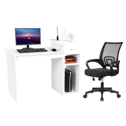 Yaheetech Home Office Computer Desk & Chair Set, 44 Inch Computer Desk with Drawer & Mesh Ergonomic Height Adjustable Office Chair, White & Black