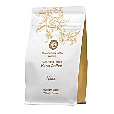 Volcano King Coffee Hana 100% Hand Picked Premium Kona Coffee From Hawaii, Whole Bean. Single Origin Arabica Coffee. Sustainably Grown In Our Kona Farms. Expertly Roasted To Perfection. Smooth, Aroma of Dark Chocolate, Unique And Balanced Flavors Hana WB