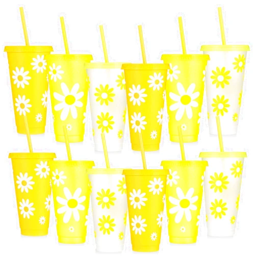 XLSXEXCL 12 Pcs Daisy Flower Cups with Lids and Straws, 24 oz Daisy Party Favor Plastic Drinking Cups for Daisy Themed Party Wedding Baby Shower