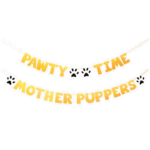 JenJen Tradition Pre-Strung Let's Pawty Dog Birthday Party Supplies - Pawty Time Mother Puppers - Funny Gold Glitter Puppy Dog Birthday Banner For Party Decorations Girl Boy - Cute Puppy Pets Paw Pennant Sign Deco