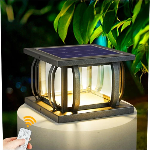 SCNYCUL Outdoor Solar Post Cap Lights with Dusk to Dawn, Modern Solar Fence Deck Column Lamp with Remote Control, Waterproof LED Solar Powered Pillar Lights for Flat Surface, Patio, Garden, Black