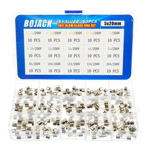 BOJACK 15 Values 150 pcs Fast Blow Glass Fuses Assortment Kit 5x20 mm 250 V 0.1 0.2 0.25 0.5 1 1.5 2 3 4 5 8 10 12 15 20 A packag in a Clear Plastic Box