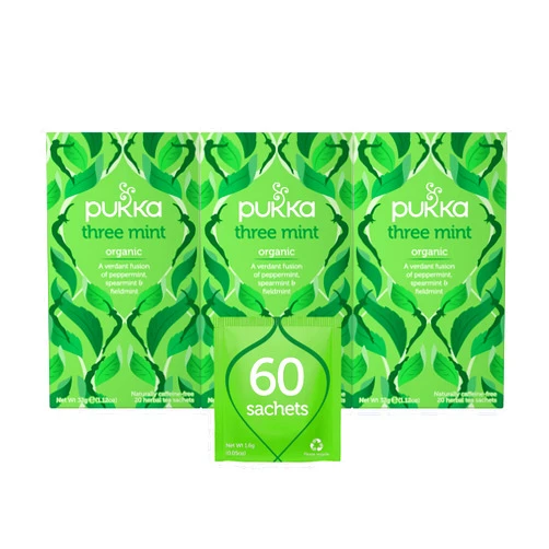 Pukka Organic Tea Bags, Three Mint Herbal Tea, Perfect for Cooling Refresh, 20 Count (Pack of 3, 60 Count Total)