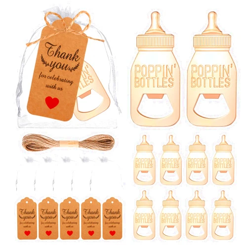 Wxzumg 50Pcs Popping Bottle Openers Baby Shower Party Favors For Guests Baby Shower Return Favors Baby Bottle Shaped Bottle Opener Baby Shower Souvenirs With Organza Bags Thank You Cards