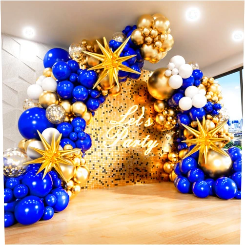 FOTIOMRG 136pcs Royal Blue and Gold Balloons Arch Garland Kit with Starburst Foil Balloons, 5 10 12 18 inch Navy Blue White and Gold Balloon for Anniversary Wedding New Year Birthday Party Decorations