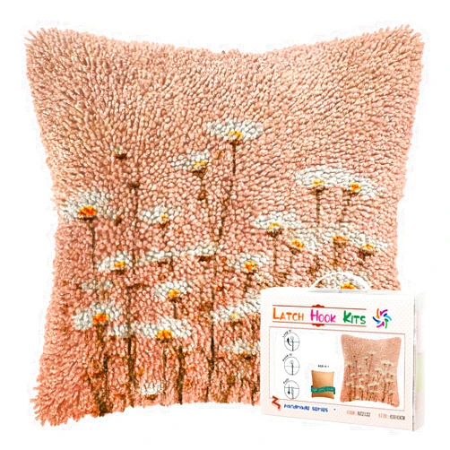 Generic DIY Latch Hook Pillow Kits for Adults Little Wild Daisy Flowers Printed Pillowcase Crochet Yarns Hooking Handmade Pillow Cover Cushion for Home Sofa Decoration 17x17inch-3