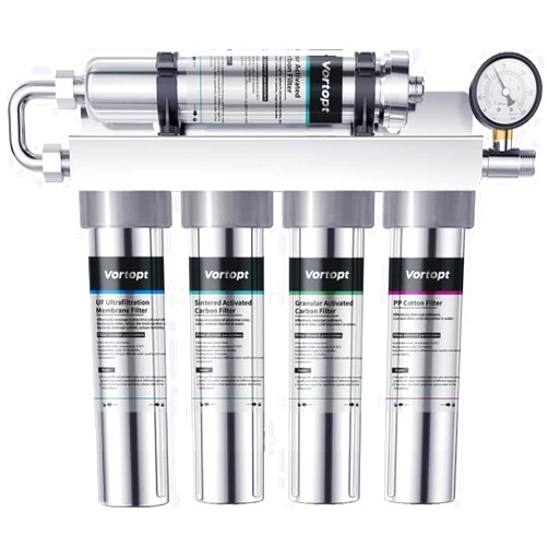 Vortopt Under Sink Water Filtration System-NSF&CEC Certified,Stainless Steel Water Filter, Real-time Pressure Gauge,0.01μm Kitchen Undersink Water Filtration,Retain Beneficial Minerals,U1(5 Filters)