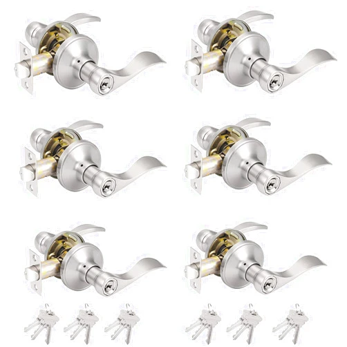 Probrico Wave Style Keyed Alike Entry Door Levers Satin Nickel Finish, Exterior Interior Keyed Door Locksets with Same Keys, 6 Pack (for Bedroom,Bathroom or Office)