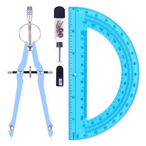 Unjoo Compass and Protractor Set, Professional Drawing Compass Tool, Metal Compass with Extra Refills, Compass for Geometry and 6 Inch Math Protractors 180 Degree (Blue)