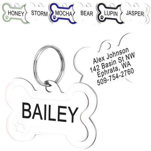 GoTags Stainless Steel Bone Dog Tag with Color Outline and Paw Print, Personalized Pet ID Tag for Dogs and Cats, Custom Engraving with up to 5 Lines of Text on Both Sides (Pink, Small)