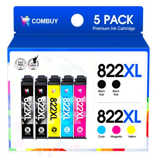 COMBUY 822XL (5 Pack) Remanufactured Replacement for Epson 822XL Ink Cartridges 822 XL 822 Ink for Epson Workforce Pro WF-3820 WF-3823 WF-4820 WF-4830 WF-4833 WF-4834 Printer (2 Black Cyan Magenta Yellow)