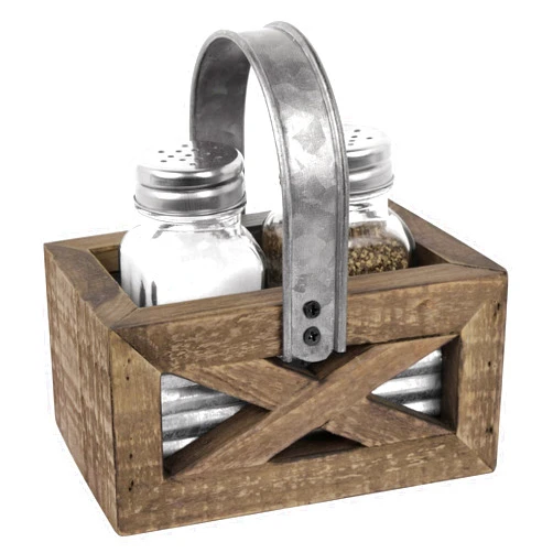 Autumn Alley Barn Door Rustic Salt and Pepper Shakers Set in Wood and Galvanized Caddy | Farmhouse Salt and Pepper Shakers For Rustic Kitchen Decor | Rustic Kitchen Accessory for your Country Kitchen