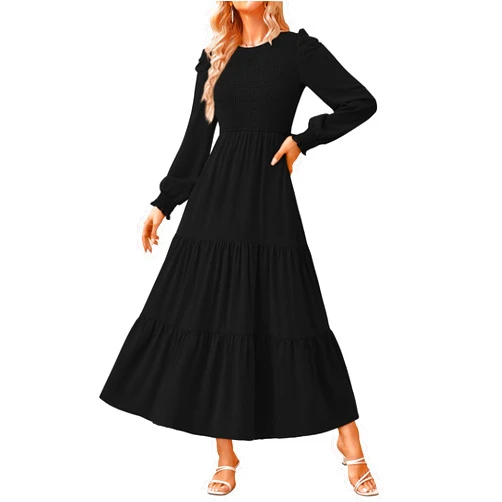 KIRUNDO Women Spring Wedding Guest Puff Long Sleeve Maxi Dress Casual Crew Neck Smocked Tiered A Line Flowy Long Dresses