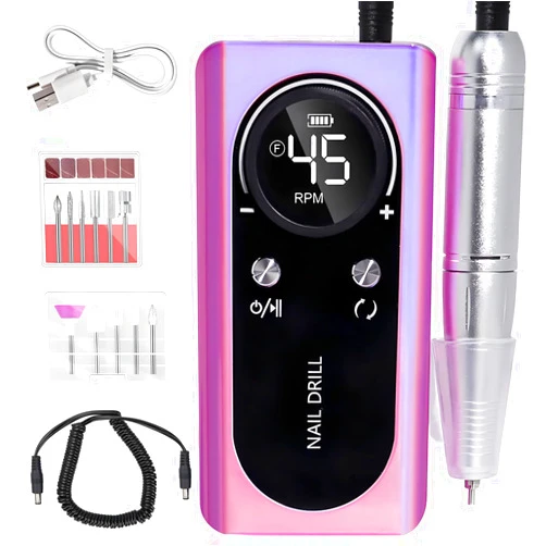 FLRONGSUN Electric 45000RPM Nail Drill Machine Rechargeable Portable Nail File Electric DIY Nail Drill Kit with Smart LCD Screen for Gel Nail Manicure and Pedicure Reflective Body etc(DAZZLE)