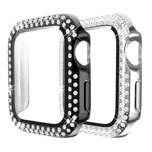 Yolovie (2-Pack) Compatible for Apple Watch Case with Screen Protector 44mm SE Series 6/5/4, Bling Cover Diamonds Rhinestone Bumper Protective Frame for iWatch Girl Women (Black/Silver)