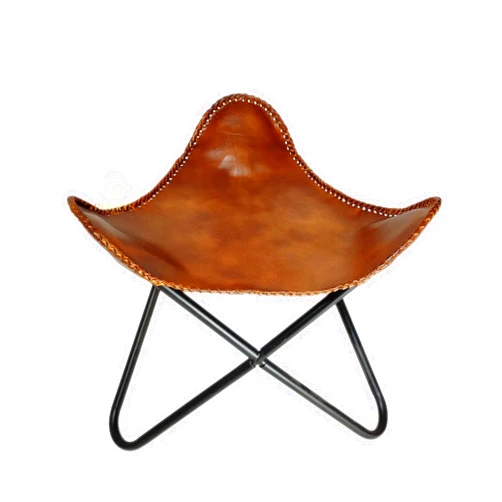 PARRYS LEATHER WORLD Brown Leather Butterfly Chair Stool – Handmade Leather Ottoman – Iron Frame Furniture Stool – Living Room Comfortable Footrest Foot Stool - Lounge Office Stool