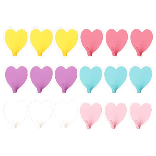 Kakalote 18pcs Heart Shaped Decorative Wall Hooks for Home Kitchen Bathroom Office,Stainless Steel Coat Rack Self Adhesive No Drilling(Size:6 Colors,Each Color 3pcs)