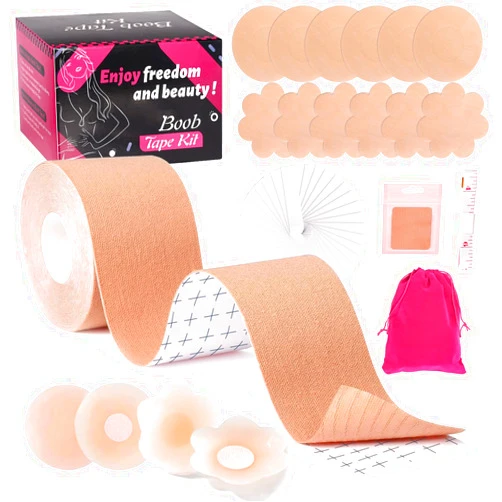 SKINOSM Boob Tape Kit, Boobtape for Breast Lift with Breast Petals and Covers, Sticky Adhesive Boobytape Bra Tape, Breathable Push Up Breast Tape for Breast Lift, Nipple Tape Cover for Large Breasts A-G Cup