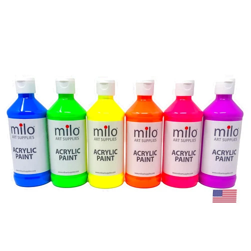milo Fluorescent Acrylic Paint Set of 6 Colors | 8 oz Bottles | Student Neon Colors Acrylics Painting Pack | Glows UV in Black Light | Non-Toxic Art & Craft Paints for Artists, Kids, & Hobby Painters | Made in USA