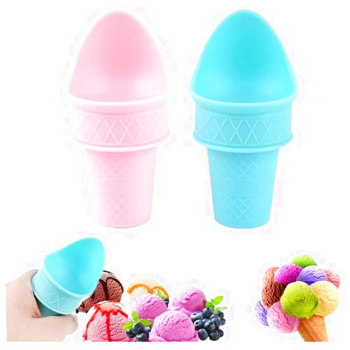 Generic 2pcs Ice Cream Cone Holder, Ice Cream Cone Scoop, Plastic Ice Cream Snow Cone Rack, Reusable Sustainable Freezable, Food Grade Ice Cream Plastic Cup Spoon For Birthday Party, 1, Blue Pink