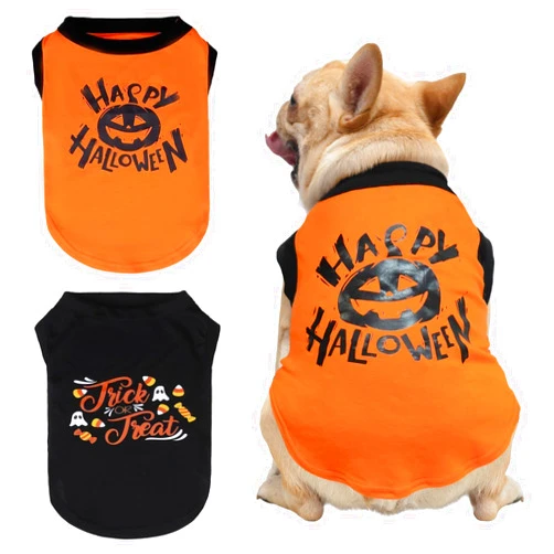 KOOLTAIL Halloween Dog Shirts Clothes-2 Pack Dog Sleeveless Vest with Cute Printing, Soft Stretchy Breathable Cotton Pet T Shirt Apparel for Extra Small Medium Girl&Boy Dogs Puppy Cat Orange & Black S
