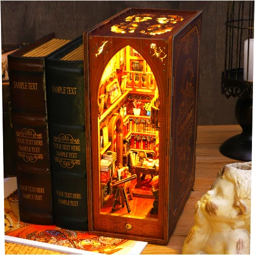 Tzgsonp 3D Wooden Puzzle Bookends, 2025 New DIY Book Nook Kit, Magic Book House Model Building Kit Insert Decor with Sensor Light, Stand Bookshelf for Home Decorative Books Ornaments (Library of Books)