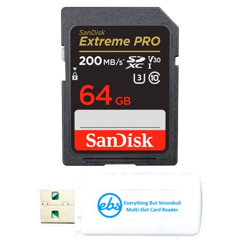 SanDisk Extreme Pro 64GB SD Card for Nikon Camera Works with Nikon Z50, Z5 Mirroless, D780 Digital DSLR (SDSDXXU-064G-GN4IN) Bundle with (1) Everything But Stromboli Micro & SDXC Memory Card Reader
