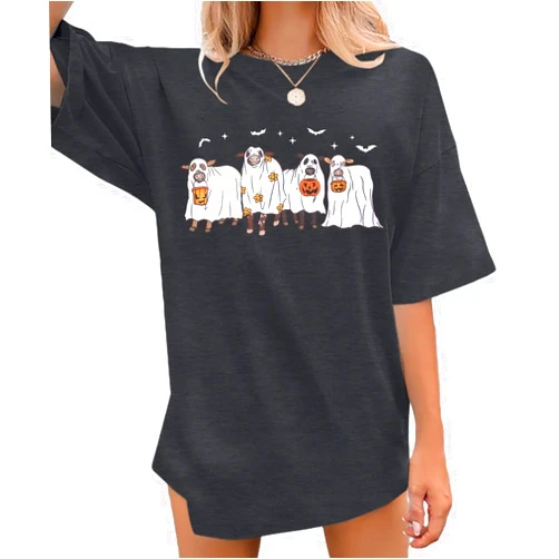 MOUSYA Ghost Halloween Shirts Women Spooky Season Shirt Funny Cow Ghost Cow Lover Oversized T-Shirt