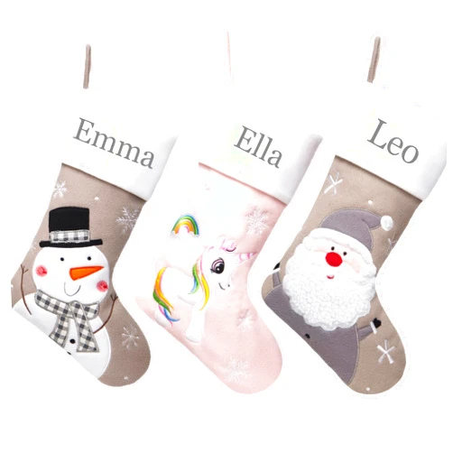 MisUMis Set of 3 Personalized Christmas Stockings for Family Decoration with Embroidered Names Xmas Customized Stockings (Snowman+Unicorn+Santa Claus)