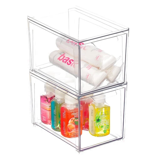 mDesign Plastic Stackable Bathroom Storage with Pull Out Bin Organizer Drawer for Cabinet, Vanity, Shelf, Cupboard, Cabinet, or Closet Organization - Lumiere Collection - 2 Pack - Clear