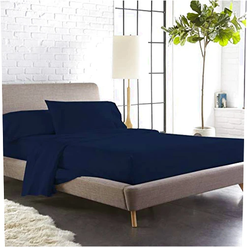 Fabricalicious Linen 400 Thread Count Cotton Sheets - Short Queen Size Sheets Cotton 4 Piece - Hotel Luxury Bed Sheets - Extra Soft - Navy Blue Solid Bed Sheets - 15 Inch Deep Pocket Fitted Sheets - Comfy-Bed -Sheets