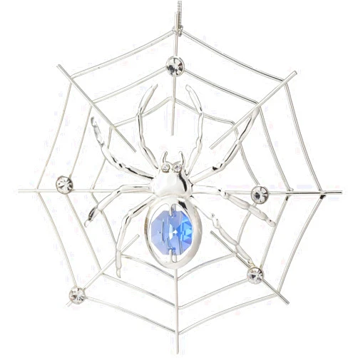 Matashi Silver Plated Christmas Tree Spider Ornament w Blue, Clear Crystals Lucky Hanging Decoration, Holiday Ornament Gift, Unique Spider Decor for Christmas & Halloween Party w Tinsel Legend Story