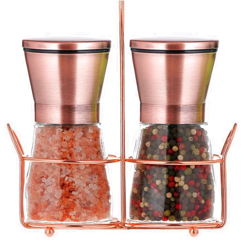 Bonris Copper Stainless Steel Salt and Pepper Grinder Set Manual Himalayan Pink Salt Mill|Salt and Pepper Shakers with Adjustable Coarseness and Clear Glass Body (Pack of 2) (SHORT)