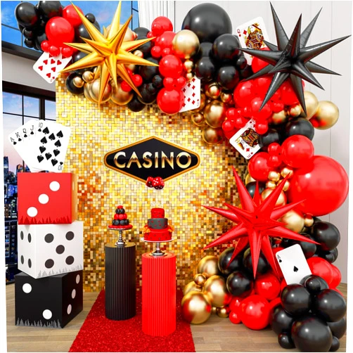 GIZIUXNE Casino Balloon Arch Garland Kit with Red Black and Gold Balloons Dice Boxes Random Pokers for Birthday Casino Night Las Vegas Casino Theme Party Decorations