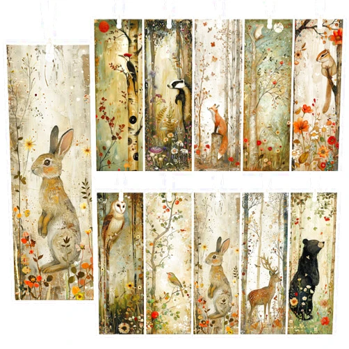 Zaamwoyy Forest Animals Bookmarks, 100 Pcs Double-Sided Bulk Paper Book Marks with 4mm Hole & Strings, Nature Illustration Reading Accessories for Women and Book Lovers